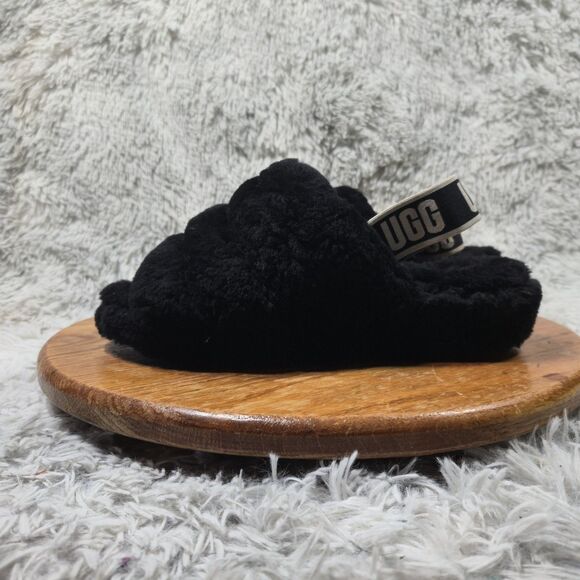 UGG Australia Fluff Yeah Womens Sz 8 Black Sheepskin Elastic Comfy Winter Slides - Picture 2 of 10